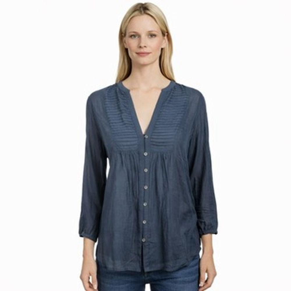 Theory Sheer Pintuck Pleated Blouse Blue Boho Minimalist Quiet Luxury Size L